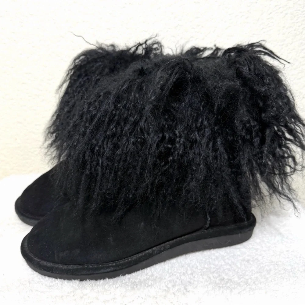 Bearpaw Boo Bootie Winter Boot Fuzzy Lamb Fur Cuff Suede Black Size 9